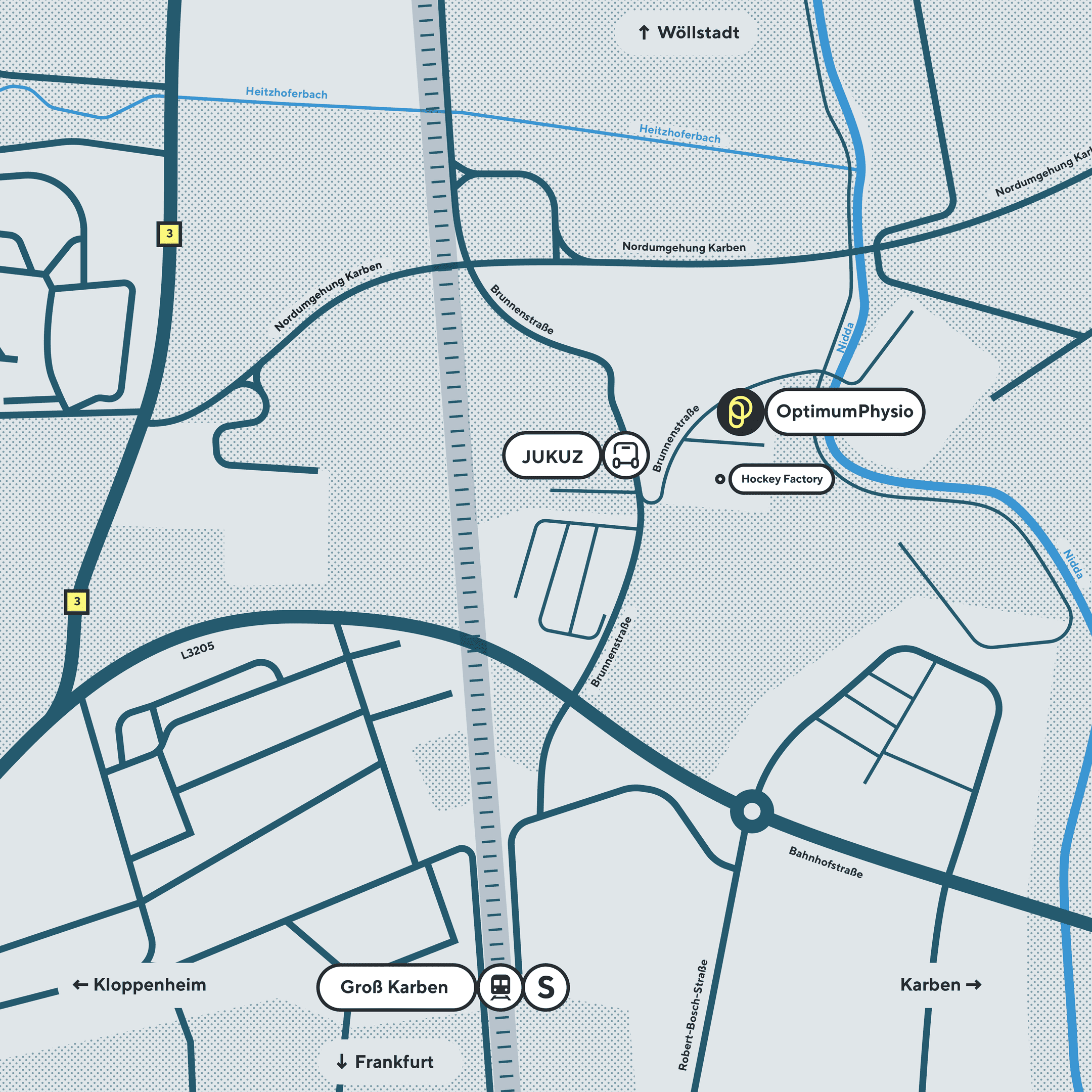 Lageplan: OptimumPhysio an der Brunnenstraße in Karben, nahe der Bushaltestelle JUKUZ und dem Bahnhof Groß Karben