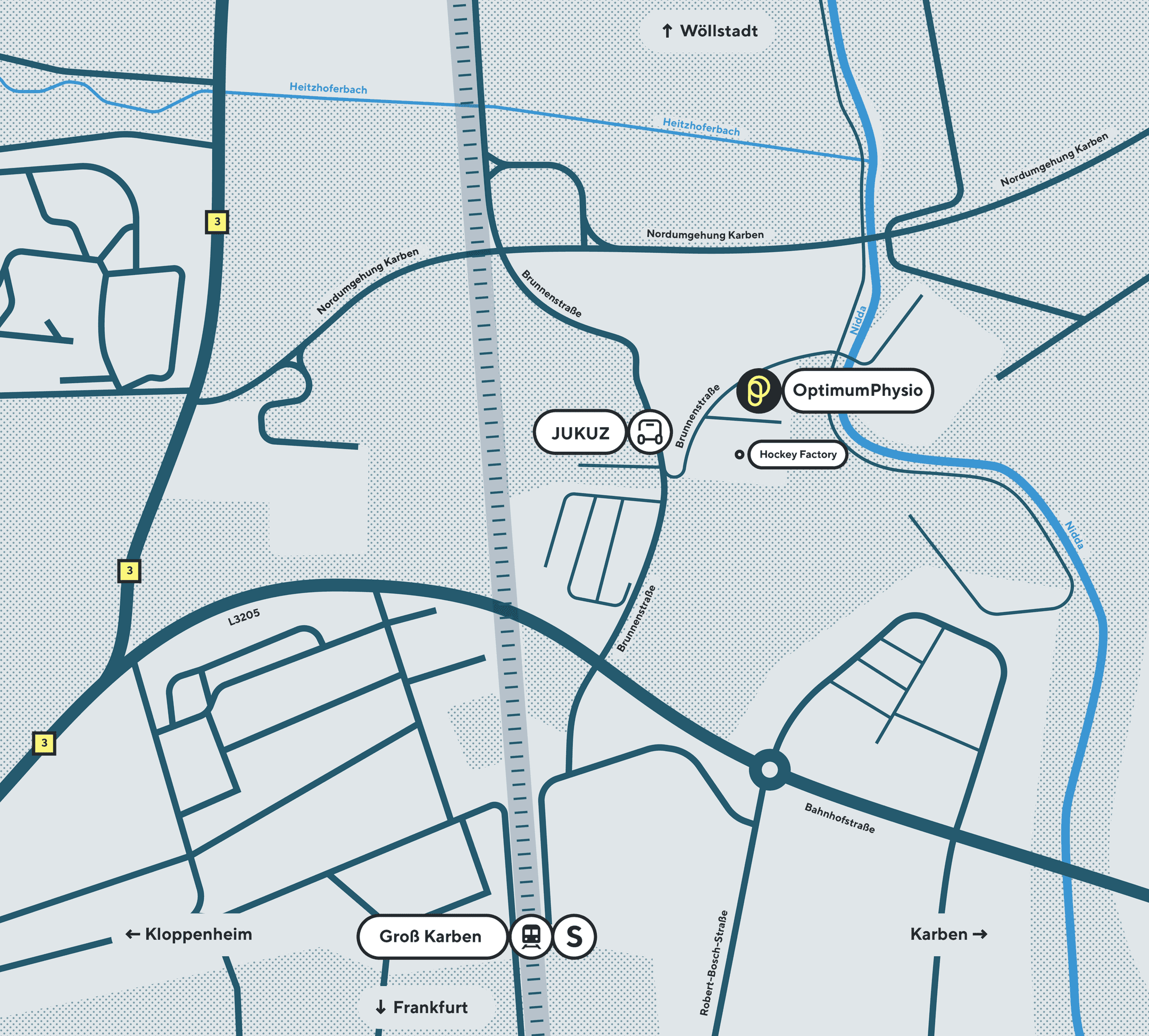 Lageplan: OptimumPhysio an der Brunnenstraße in Karben, nahe der Bushaltestelle JUKUZ und dem Bahnhof Groß Karben